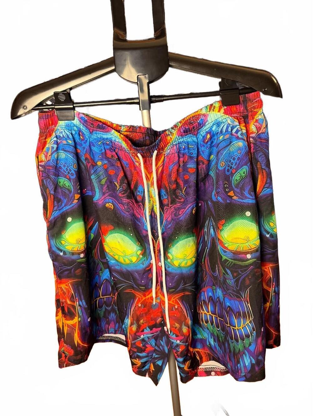 Mens Vibrant Skull Print Swim Trunks sz XXL 2XL rainbow board shorts